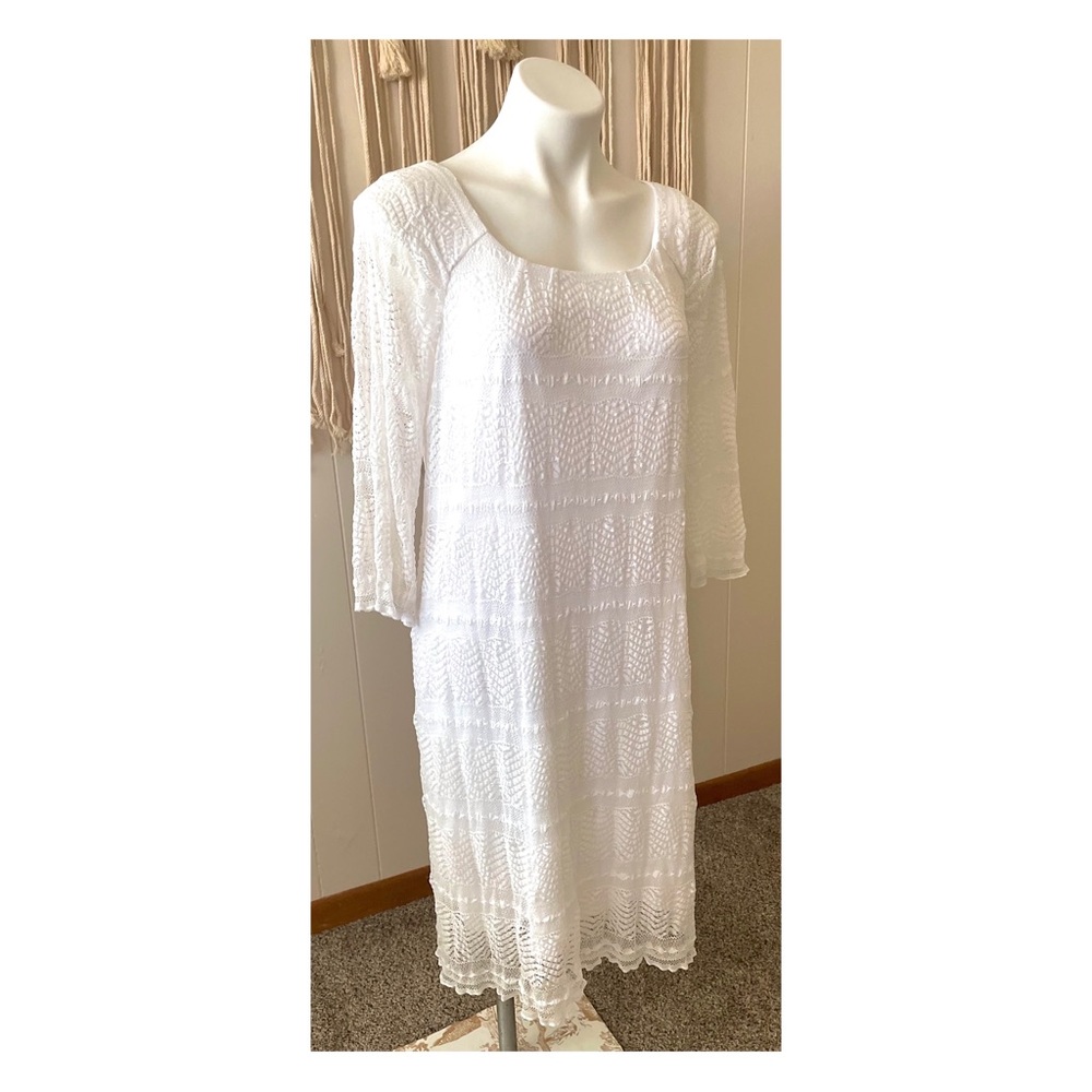 <ANTHRO> Rabbit Scoop Neck 3/4 Sleeves Stretch White Lace Straight Midi Dress